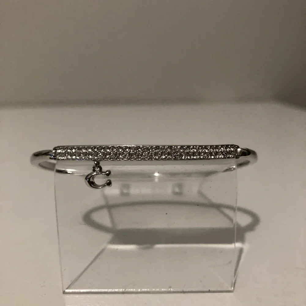 Coach Signature Pave Bar Hinged Crystal Bangle Bracelet With Dangling C Charm
